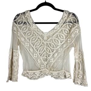 Antique Edwardian Net Lace Blouse Floral Embroidery Crochet Silk Cotton 1900s